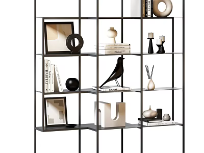 Modern Black Metal Display Shelf With Decorative Items Picture Frames Books And Geometric Ornaments 3d model