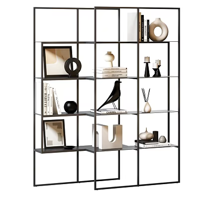 Modern Black Metal Display Shelf With Decorative Items Picture Frames Books And Geometric Ornaments 3d model