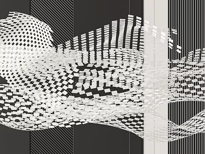 Modern Chandelier With White Geometric Pieces And Wave Flowing Design On Dark Vertical Striped Background 3d model