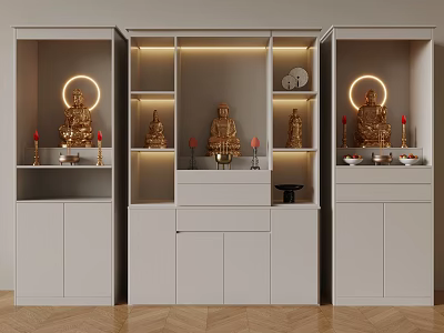 Modern Buddhist Shrine Cabinet Featuring Golden Buddha Statues Warm Lighting And Display Shelves 3d model