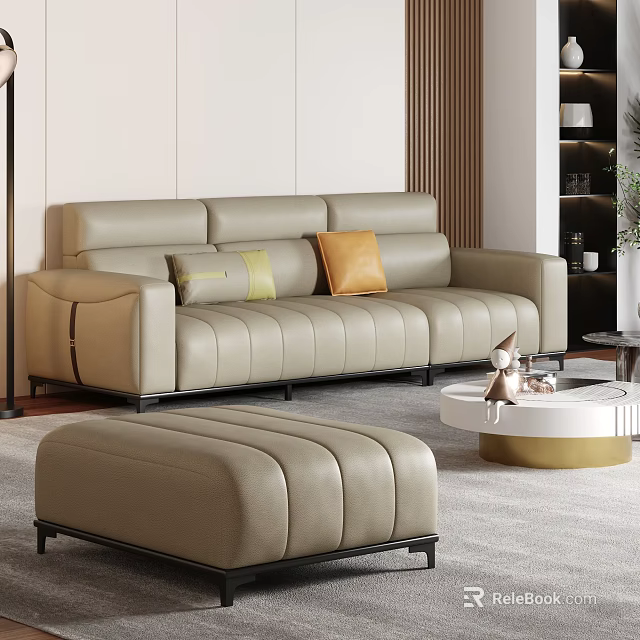 Modern Beige Leather Sofa with Accent Pillows and Round White Coffee Table Set 3d model 
