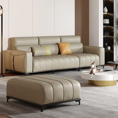 Modern Beige Leather Sofa with Accent Pillows and Round White Coffee Table Set 3d model