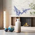 White Vase With Blue Flowers Decorative Balls Fireplace And Green Plants In Living Room