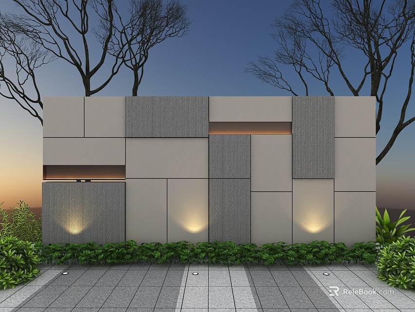 Modern Scenic Wall Design With Textured Stone Panels Embedded Lighting Surrounding Greenery And Evening Atmosphere 3d model 