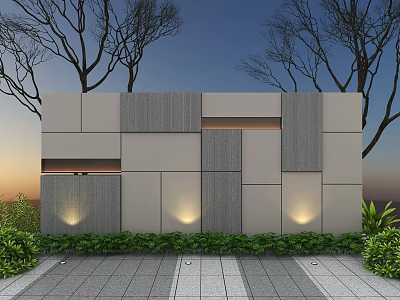 Modern Scenic Wall Design With Textured Stone Panels Embedded Lighting Surrounding Greenery And Evening Atmosphere 3d model