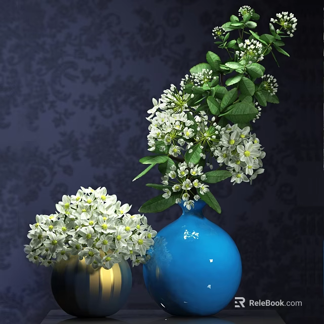 Blue Gold Vases with White Flowers Against Dark Patterned Wall 3d model