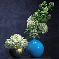 Blue Gold Vases with White Flowers Against Dark Patterned Wall 3d model