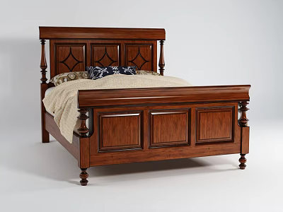 Traditional Wooden Double Bed With Carved Headboard And Decorative Bedposts 3d model