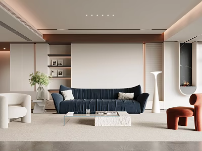 Modern Living Room With Blue Sofa White Chair And Coffee Table 3d model