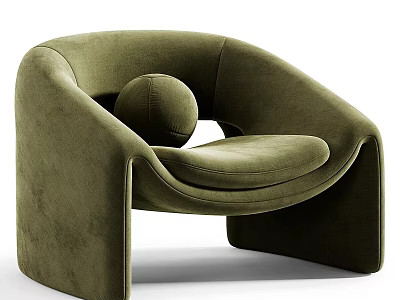 Modern Olive Green Velvet Leisure Chair With Curved Design And Round Accent Pillow 3d model