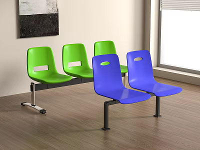 Green and Blue Public Waiting Area Chairs With Slotted Backrest And Metal Frames 3d model