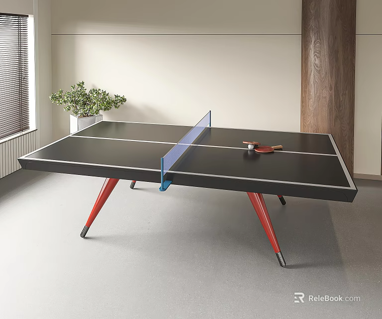 Modern Indoor Sports Equipment Table Tennis Table With Black Surface And Red Legs 3d model 