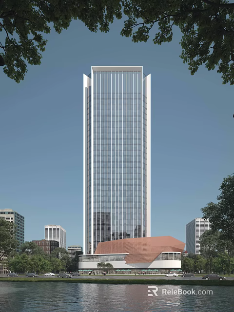 Modern Tall Office Building With Glass Curtain Wall Surrounding Buildings And Green Trees 3d model 