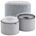 Upholstered Round Storage Ottoman With Wooden Top And Minimalist Design For Living Room