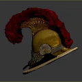 Golden Ancient Warrior Helmet With Red Feather Plume On Light Disc Base 3d model