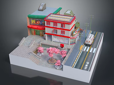 Cartoon City Scene with Red Roof Buildings Pink Cherry Blossom Trees and White Street Car 3d model