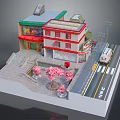 Cartoon City Scene with Red Roof Buildings Pink Cherry Blossom Trees and White Street Car