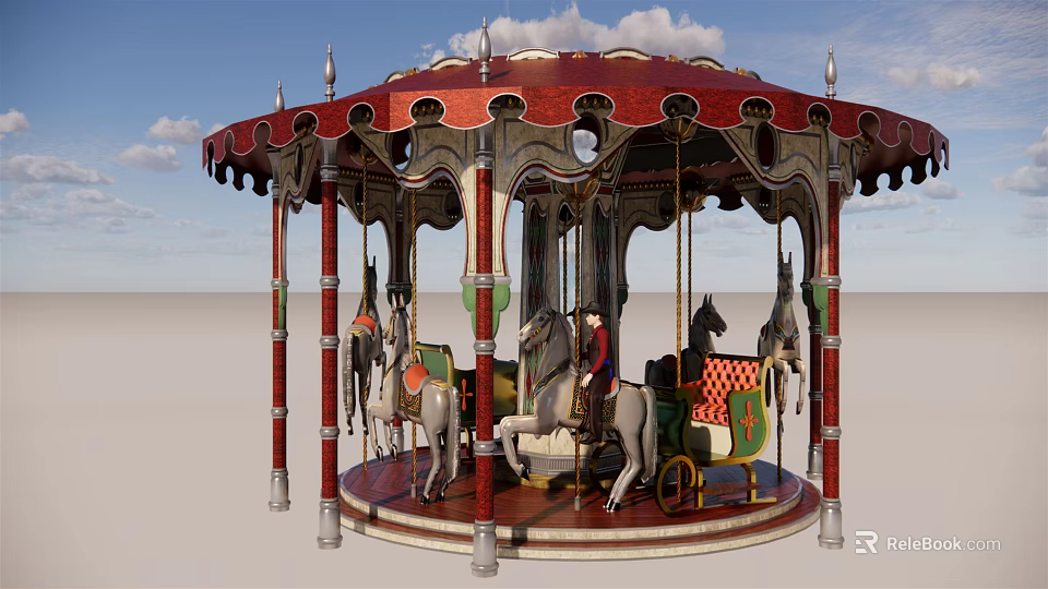Classic Carousel Amusement Ride With Red Canopy Wooden Horses And Ornate Poles 3d model 