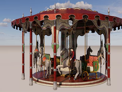 Classic Carousel Amusement Ride With Red Canopy Wooden Horses And Ornate Poles 3d model