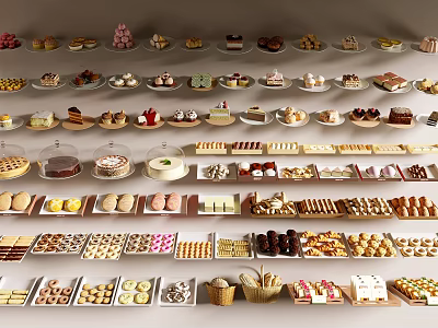 Variety of Delicious Desserts Displayed In Rows 3d model