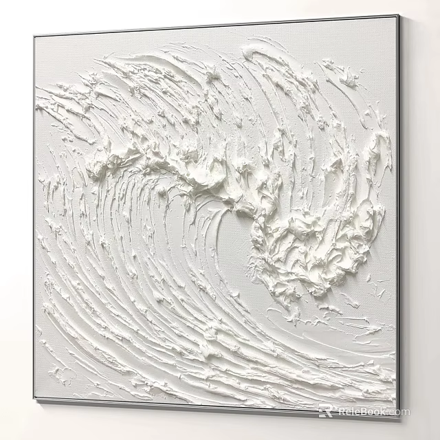 White Textured Abstract Painting With Wavy Impasto Brushstrokes On Canvas 3d model 