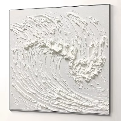 White Textured Abstract Painting With Wavy Impasto Brushstrokes On Canvas 3d model