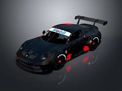 Sleek Black Race Car With Mobil Logo Rear Wing And Red Accents 3d model