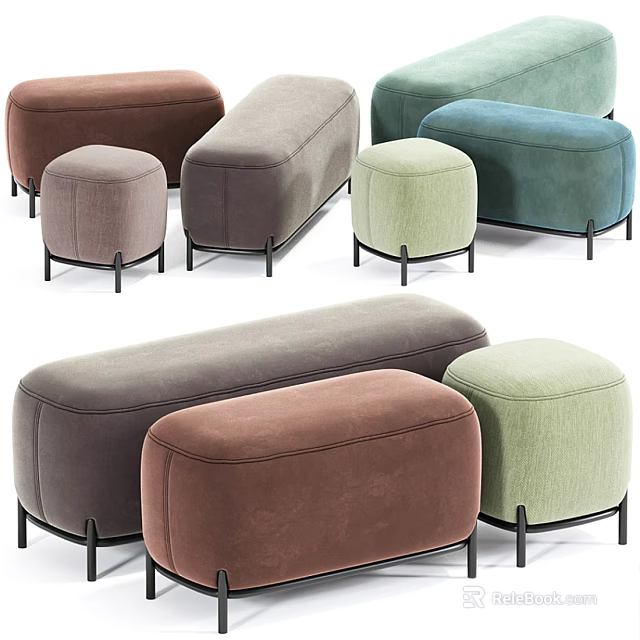 Colorful Upholstered Ottoman With Modern Design Brown Gray Green Blue And Black Metal Legs 3d model 