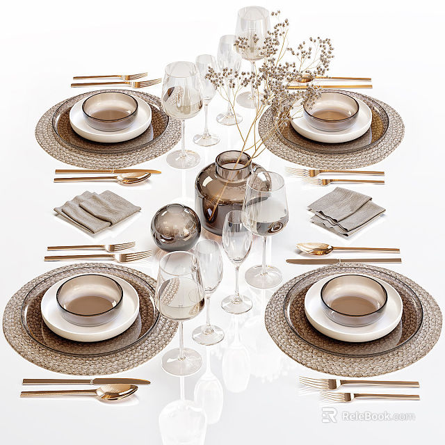 Elegant Dinnerware Set With Plates Bowls Wine Glasses Napkins Utensils And Decorative Vase 3d model 
