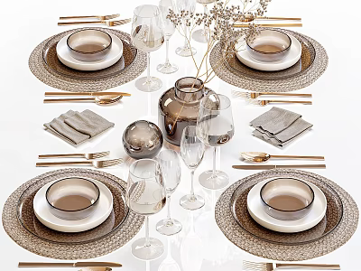 Elegant Dinnerware Set With Plates Bowls Wine Glasses Napkins Utensils And Decorative Vase 3d model
