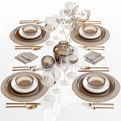 Elegant Dinnerware Set With Plates Bowls Wine Glasses Napkins Utensils And Decorative Vase 3d model