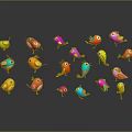 Colorful Birds Display Various Colors And Poses On Dark Background With Reflections