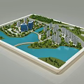 Urban Planning Model Featuring Tall Buildings Water Area Roads And Greenery