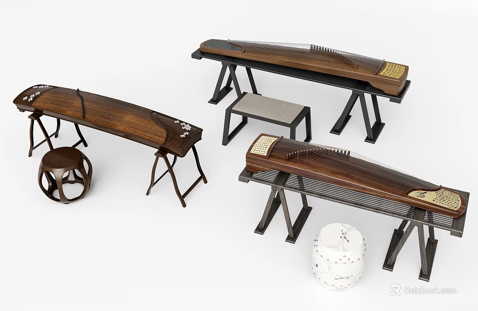 Wooden Chinese Musical Instruments and Art Tools Including Zithers Stands and Stools 3d model 