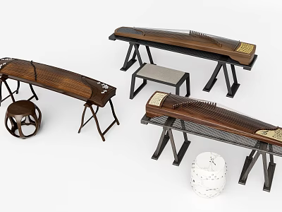 Wooden Chinese Musical Instruments and Art Tools Including Zithers Stands and Stools 3d model