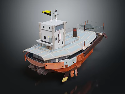 Classic Wooden Boat With Orange Hull White Cabin Yellow Flag And Chimney On Deck 3d model