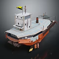 Classic Wooden Boat With Orange Hull White Cabin Yellow Flag And Chimney On Deck