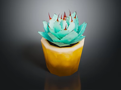 Close Up of Succulent Plant With Turquoise Leaves and Red Spines in Yellow Pot 3d model