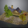 Small House Scene With Blue Roof Chimney Trees And Wooden Fence