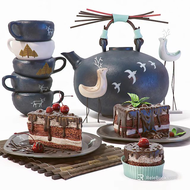 Layered Chocolate Cake Topped With Cherries And Mint Leaves Served On Ceramic Plates 3d model 