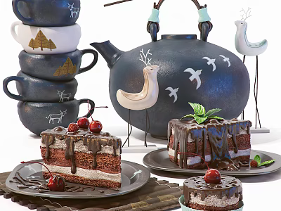Layered Chocolate Cake Topped With Cherries And Mint Leaves Served On Ceramic Plates 3d model