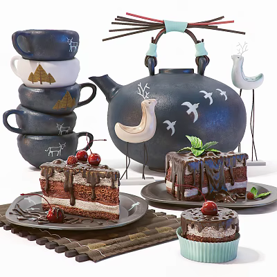 Layered Chocolate Cake Topped With Cherries And Mint Leaves Served On Ceramic Plates 3d model
