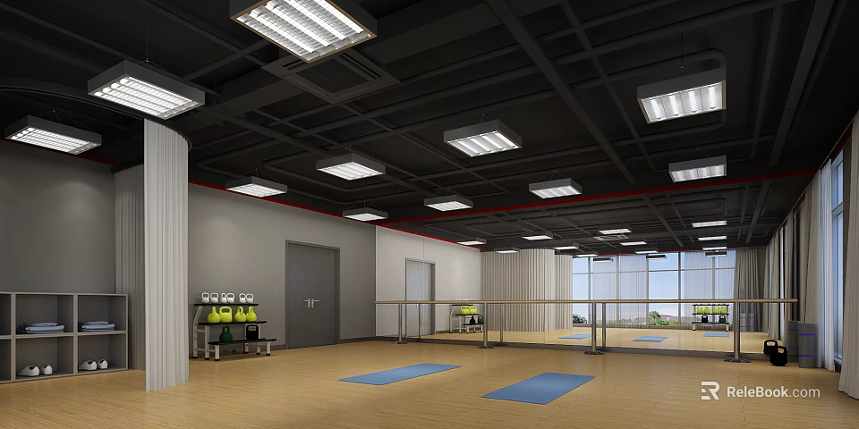 Modern Fitness Studio With Yoga Mats Mirror Walls Ballet Barres And Wooden Flooring 3d model 