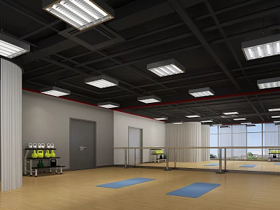 Modern Fitness Studio With Yoga Mats Mirror Walls Ballet Barres And Wooden Flooring 3d model