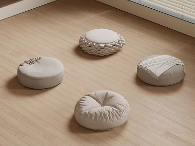 Soft Round Floor Cushions with Various Designs on Light Wooden Floor 3d model