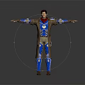 Fantasy Character In Blue Brown Mechanical Armor With Creature Inspired Design Arms Outstretched
