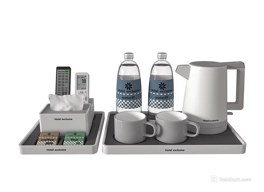 Modern Tea Set With White Electric Kettle Grey Mugs And Trays For Home Use 3d model 