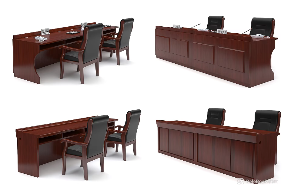 Wooden Dark Brown Office Desk With Drawers And Black Chairs For Office Use 3d model 