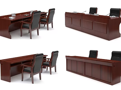 Wooden Dark Brown Office Desk With Drawers And Black Chairs For Office Use 3d model