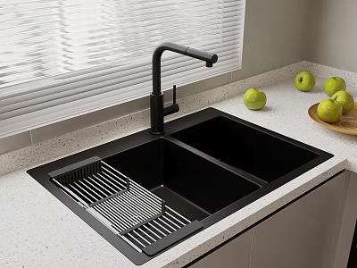 Black Double Basin Kitchen Sink With Drainer Rack Faucet Green Apples And Window Blinds 3d model